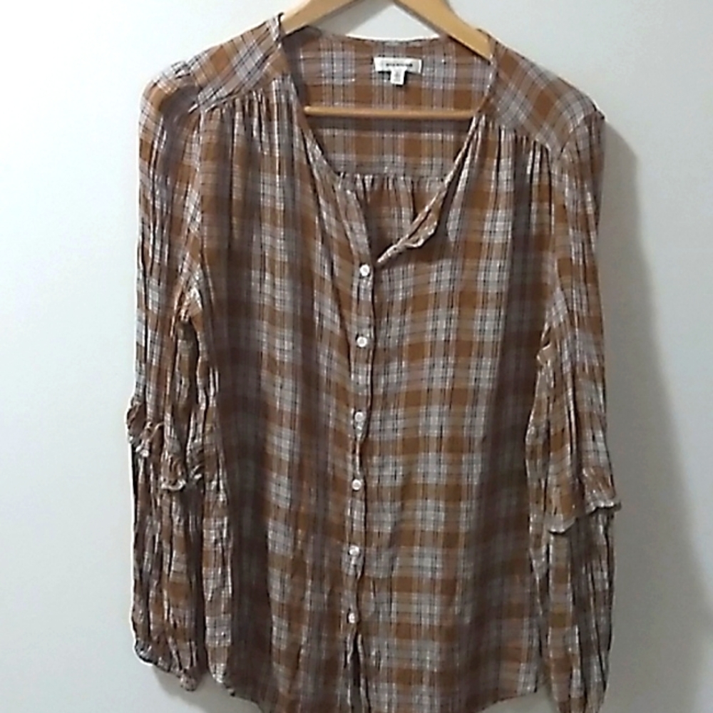 🔴 Max Studio Orange Plaid Scrunch Sleeve Loose Fit Women's Top Large